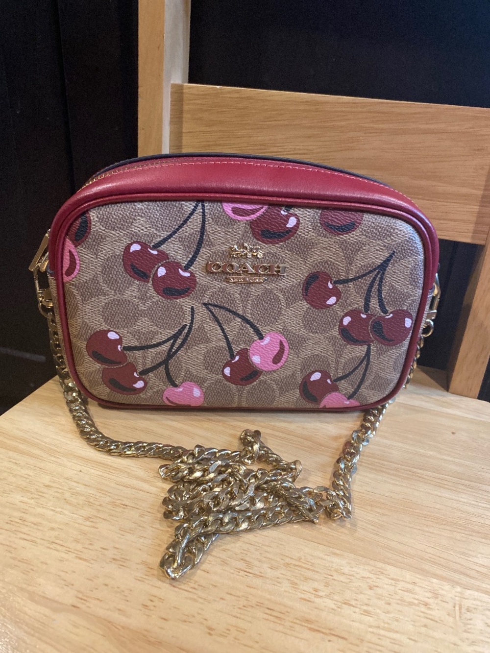 Coach Cherry Print Crossbody Bag in Brown and Red
